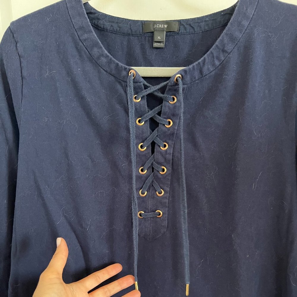 JCrew navy blue lace up cotton top
